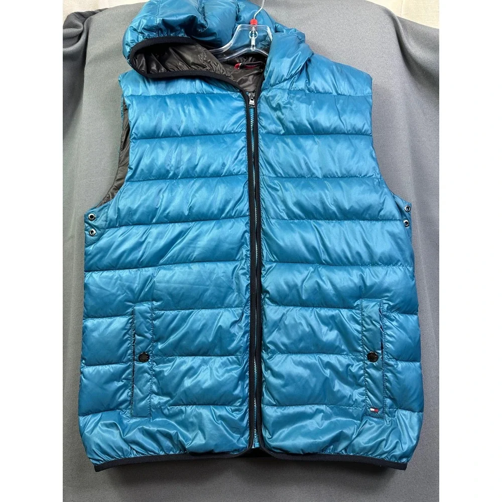 Tommy Hilfiger Men's Puffer Vest Teal‎ Blue Hooded Quilted Full Zip Size Large
